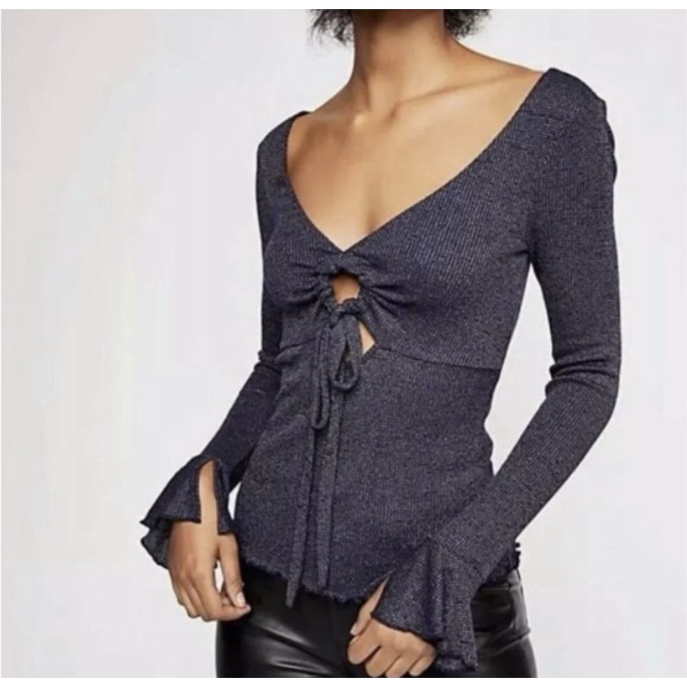 NEW Intimately Free People Say When Bell Sleeve Top Navy Blue Gold Size M